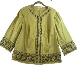 JM‎ Collection Woman Lime Green Embroidered Jacket 20W 3/4 Sleeve Zipper Front